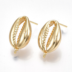 Brass Stud Earring Findings, with Loop, Cowrie Shells Shape, Nickel Free, Real 18K Gold Plated, 20x12mm, Hole: 1mm, Pin: 0.7mm(X-KK-S350-056G)
