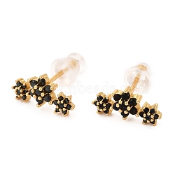 Brass Micro Pave Cubic Zirconia Stud Earrings, Real 18K Gold Plated, Flower, Black, 6.5x12.5mm, Pin: 1mm(EJEW-F273-15F-G)