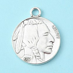 Antique Silver Tibetan Style Alloy Coin Pendants, Flat Round with Indian Head and Buffalo, Cadmium Free & Lead Free, 40x33x3mm, Hole: 4mm(X-TIBEP-GC001-AS-RS)