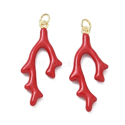 Brass Enamel Pendants, Coral Charms, Rack Plating, Long-Lasting Plated, Lead Free & Cadmium Free, Real 18K Gold Plated, Red, 33.5x13.5x3mm, Hole: 3.5mm(KK-CBAD360-14G-02)