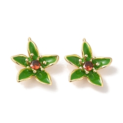 Brass Enamel Pendants, with Glass, Real 18K Gold Plated, Flower Charm, Green, 19x16x5mm, Hole: 1mm(KK-S368-13G-01)