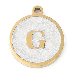 Ion Plating(IP) 201 Stainless Steel Pendants, with White Enamel, Real 18K Gold Plated, Flat Round with Letter, Letter G, 18.5x15.5x2mm, Hole: 1.6mm(STAS-K288-02G-G)