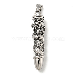 316 Surgical Stainless Steel Big Pendants, Bullet with Dragon Charm, Antique Silver, 54x11x13.5mm, Hole: 4x8mm(STAS-Z073-113AS)