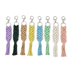 Handmade Macrame Nylon Thread Pendant Decorations, Alloy Clasps Charms for Bag or Keychain Ornaments, Rectangle, Mixed Color, 240mm(HJEW-P019-05P)