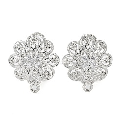 Flower Brass Micro Pave Cubic Zirconia Stud Earrings Finding, with Horizontal Loops, Cadmium Free & Lead Free, Platinum, 18x16mm, Hole: 1.2mm, Pin: 0.8mm(KK-E083-17P)