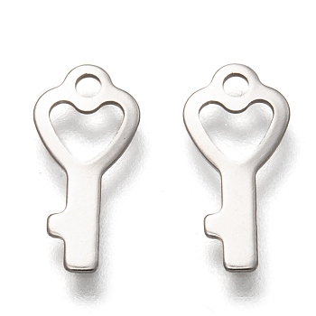 201 Stainless Steel Charms, Laser Cut, Key, Stainless Steel Color, 13x6x0.5mm, Hole: 1.4mm