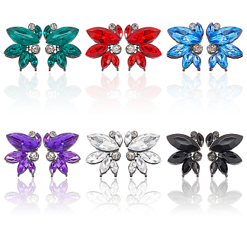 6 Pairs 6 Colors Sparkling Rhinestone Stud Earrings with Alloy Pins, Flower, Mixed Color, 21x16mm, 1 pair/color
