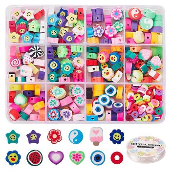 11 Styles Handmade Polymer Clay Beads, Taiji & Eye & Heart & Fruit Theme & Star & Flower with Smiling Beads , Mixed Color, 6x0.5mm, Hole: 1.8mm, Star: 1strand/style, others: 20pcs/style, 10 styles