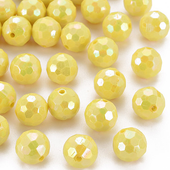 Opaque Acrylic Beads, Faceted, Dyed, AB Color, Round, Yellow, 12x11.5mm, Hole: 1.8mm, about 560pcs/500g