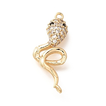 Brass Micro Pave Clear & Black Cubic Zirconia Connector Charms, Snake Links, Real 18K Gold Plated, 24x9.5x4mm, Hole: 1.2mm and 1mm