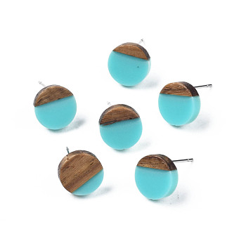 Opaque Resin & Walnut Wood Stud Earrings, with 316 Stainless Steel Pins, Flat Round, Medium Turquoise, 10mm, Pin: 0.7mm
