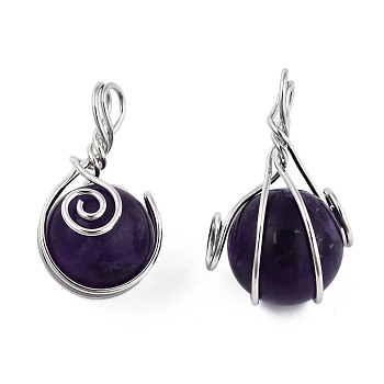Natural Amethyst Pendants, with Platinum Plated Brass Wire Wrapped, Round Charm, 28.5~34x18.5~20x17~19mm, Hole: 4~5.5mm