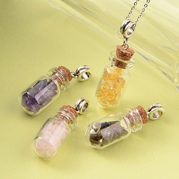 Cute Design Glass Wishing Bottle Antique Silver Tone Alloy Gemstone Pendants, with Wooden Bungs, Mixed Color, 47x34.5mm, Hole: 4.5mm