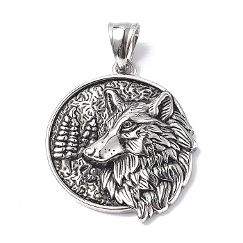 304 Stainless Steel Pendants, Flat Round with Wolf Charm, Antique Silver, 31x36x6.5mm, Hole: 9.5x5mm