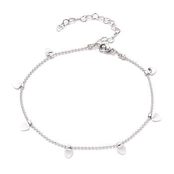304 Stainless Steel Heart Charm Anklets, with Ball Chains and Lobster Claw Clasps, Stainless Steel Color, 9 inch(22.9cm)