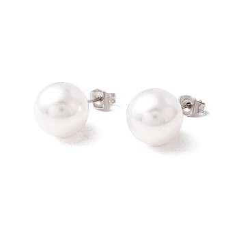 6 Pair Shell Pearl Round Ball Stud Earrings, 304 Stainless Steel Post Earrings for Women, White, Stainless Steel Color, 24x12mm, Pin: 1mm