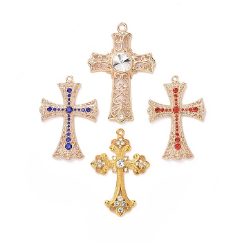 Alloy Medieval Big Pendants, with Rhinestone, Cross, Golden, Mixed Color, 75x50x7mm, Hole: 3.5mm, 72x49x5mm, Hole: 2mm, 87x58x9mm, Hole: 5mm, 72x49.5x5.5mm, Hole: 2.5mm, 4pcs/set