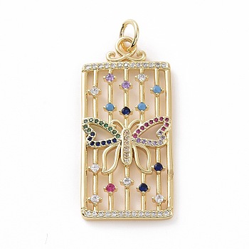 Brass Micro Pave Colorful Cubic Zirconia Pendants, Real 18K Gold Plated, with Jump Ring, Rectangle Charms, Butterfly, 40.5x19x2mm, Jump Ring: 7x1mm, Inner Diameter: 5mm