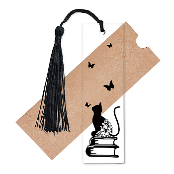 Acrylic Bookmarks, with Polyester Tassel Decorations, Rectangle Bookmarks, Cat Pattern, 118x35x2.5mm, Hole: 5mm