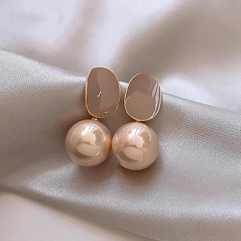 Alloy Enamel Stud Earring, with Sterling Silver Pin and Plastic Bead, Round, Rosy Brown, 22mm