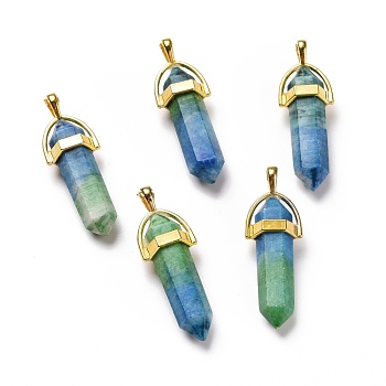 Natural Dyed Calcite Double Terminated Pointed Pendants, with Golden Tone Brass Findings, Bullet, Dark Sea Green, 40~41x13.5x10mm, Hole: 4x5mm