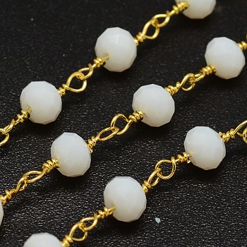 Faceted Rondelle Handmade Electroplate Glass Beaded Chains, Unwelded, with Spool, with Golden Plated Brass Findings, White, 6x4mm, about 32.8 Feet(10m)/roll