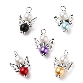 Alloy Pendants, with Mixed Color Glass Pearl Beads, Tibetan Style Alloy Beads, Angel, Antique Silver, 27x18x8mm, Hole: 3mm