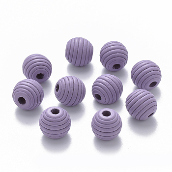 Painted Natural Wood Beehive Beads, Round, Lilac, 12x11mm, Hole: 3.5mm