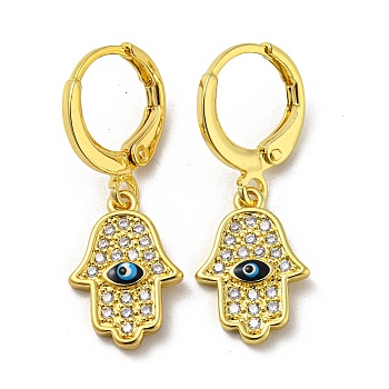 Real 18K Gold Plated Brass Dangle Leverback Earrings, with Enamel and Cubic Zirconia, Hamsa Hand with Evil Eye, Midnight Blue, 28.5x10mm