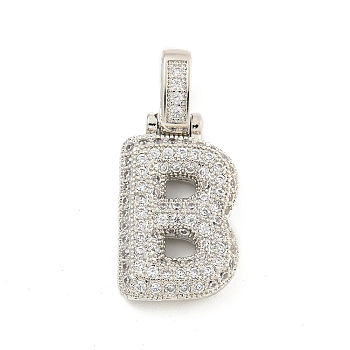 Brass Micro Pave Clear Cubic Zirconia Pendants, Platinum, Letter B, 31x14x5mm, Hole: 3x6mm