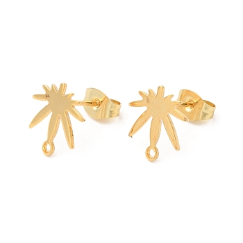 201 Stainless Steel Stud Earring Findings, with 304 Stainless Steel Pins and Horizontal Loops, Pot Leaf, Real 24K Gold Plated, 11.5x11mm, Hole: 1.2mm, Pin: 0.7mm