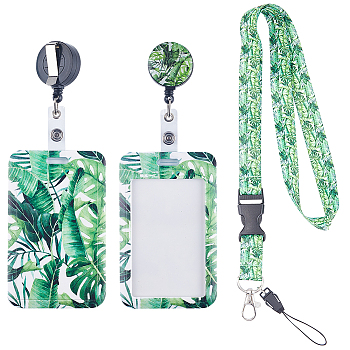 Leaf Pattern ABS Plastic ID Badge Holder Sets, include Lanyard and Retractable Badge Reel, ID Card Holders with Clear Window, Rectangle, Green, Card: 110x69x5.5mm, 1 set/box