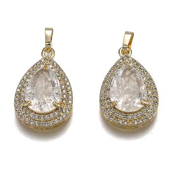 Golden Plated Brass Micro Pave Clear Cubic Zirconia Pendants, with Glass, Long-Lasting Plated, with Snap on Bails, Teardrop, Clear, 24.5x16x7.5mm, Hole: 3x5mm