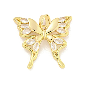 Butterfly Rack Plating Brass Clear Cubic Zirconia Pendants, Long-Lasting Plated, Lead Free & Cadmium Free, Real 18K Gold Plated, 19.5x21x3.5mm, Hole: 5mm