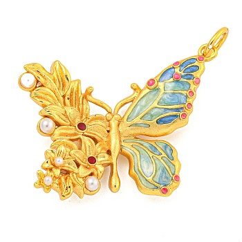 Rack Plating Brass Enamel Pendants, with ABS Imitation Pearl and Jump Ring, Cadmium Free & Lead Free, Real 18K Gold Plated, Long-Lasting Plated, Butterfly Charm, Dark Turquoise, 24x33x5mm, Hole: 5mm