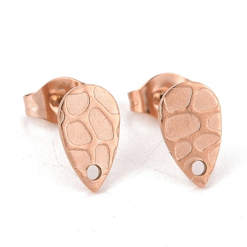 Ion Plating(IP) 304 Stainless Steel Stud Earring Findings, with Hole, Textured Teardrop, Rose Gold, 10x6mm, Hole: 1mm, Pin: 0.8mm