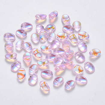Transparent Spray Painted Glass Charms, AB Color Plated, Oval, Pink, 8.5x6x4.5mm, Hole: 1mm