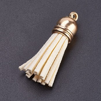Faux Suede Cord Tassel Pendant Decorations, with CCB Plastic Findings, Golden, Creamy White, 36~38x10.5mm, Hole: 1.5mm