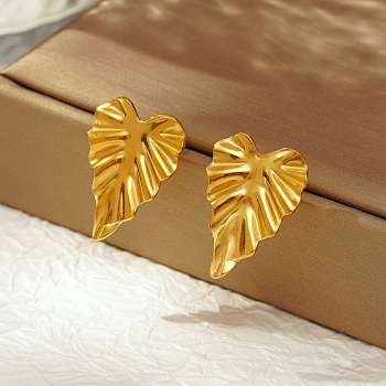 Stylish Stainless Steel Leaf Stud Earrings for Women's Daily Wear, Golden, 24.76x17.49mm