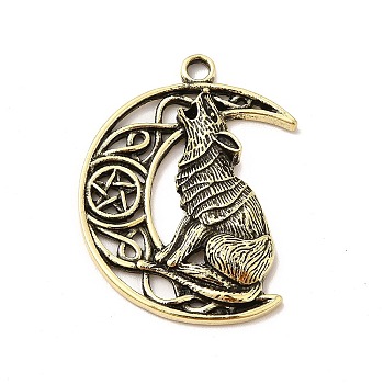 Tibetan Style Alloy Pendants, Moon with Wolf Charm, Antique Bronze, 40.5x30x5.5mm, Hole: 3.1mm