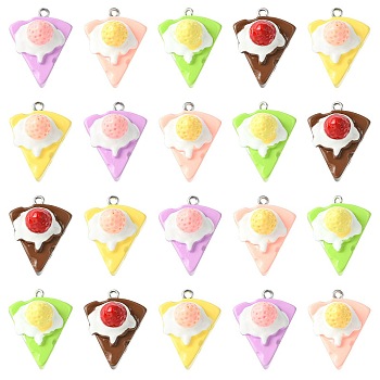 30Pcs 5 Colors Opaque Resin Imitation Food Pendants, Triangle Strawberry Cake Charms, with Platinum Tone Iron Loops, Mixed Color, 27.5x21.5x19.5mm, Hole: 2mm, 6pcs/color
