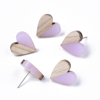 Transparent Resin & Wood Stud Earrings, with 304 Stainless Steel Pin, Heart, Plum, 15x14~15mm, Pin: 0.7mm