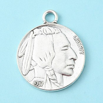 Antique Silver Tibetan Style Alloy Coin Pendants, Flat Round with Indian Head and Buffalo, Cadmium Free & Lead Free, 40x33x3mm, Hole: 4mm