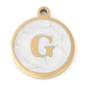 Ion Plating(IP) 201 Stainless Steel Pendants, with White Enamel, Real 18K Gold Plated, Flat Round with Letter, Letter G, 18.5x15.5x2mm, Hole: 1.6mm