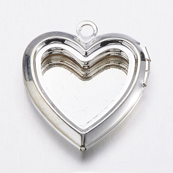 Brass Locket Pendants, Heart, Silver Color Plated, 25x23x5mm, Hole: 1.5mm