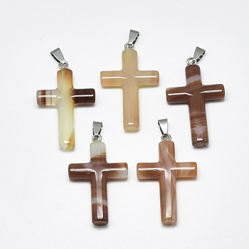 Natural Carnelian Pendants, with Stainless Steel Snap On Bails, Dyed & Heated, Cross, Stainless Steel Color, 44~46x28x8mm, Hole: 3~4x7~8.5mm