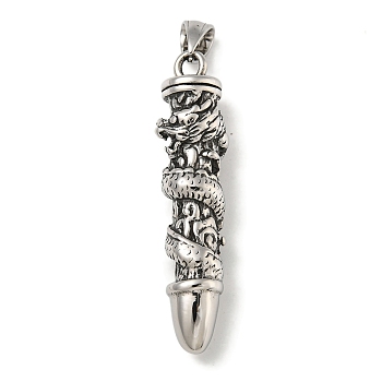 316 Surgical Stainless Steel Big Pendants, Bullet with Dragon Charm, Antique Silver, 54x11x13.5mm, Hole: 4x8mm