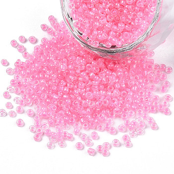 12/0 Glass Seed Beads, Inside Colours, Round Hole, Round, Transparent Colours Rainbow, Pink, 12/0, 2~2.5x1.5~2mm, Hole: 0.8mm, about 3333pcs/50g
