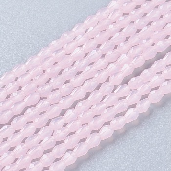 Opaque Solid Color Glass Beads Strands, Faceted, Teardrop, Pearl Pink, 5x3mm, Hole: 0.5mm, about 85~95pcs/strand, 16.5~18.7 inch(42~47.5cm)