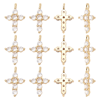 12Pcs Brass Micro Pave Cubic Zirconia Pendants, Cadmium Free & Lead Free, Long-Lasting Plated, Cross, Clear, Real 18K Gold Plated, 14x9.5x3mm, Hole: 1.2mm